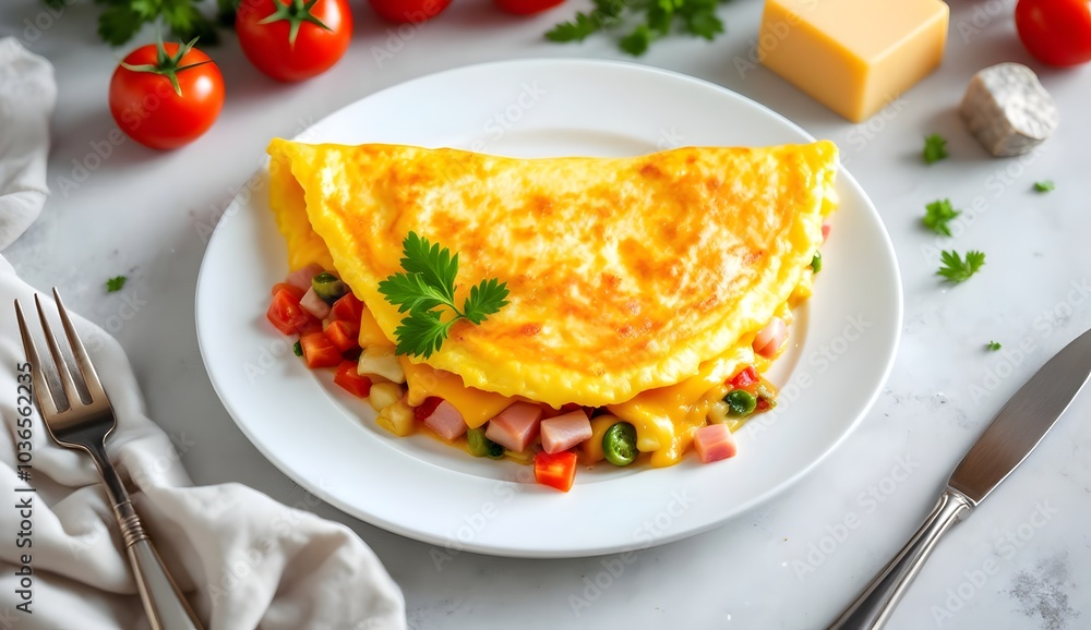 Fluffy Omelette with Cheese and Fresh Vegetables Peeking Out (American Cuisine) Fluffy Omelette with Cheese and Fresh Vegetables Peeking Out (American Cuisine)