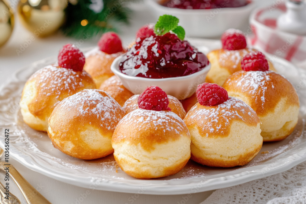 Close-Up Of Danish ??Bleskiver (Puffed Pancakes) Dusted With Powdered Sugar And Served With Raspberry Jam, Presented On A Festive Table Close-Up Of Danish ??Bleskiver (Puffed Pancakes) Dusted With Powdered Sugar And Served With Raspberry Jam, Presented On A Festive Table