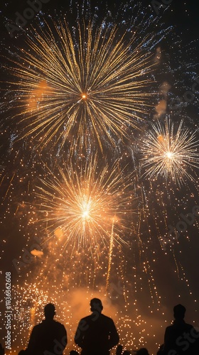 7. Fireworks bursting in the sky, with a silhouette of people watching from below, celebrating photo