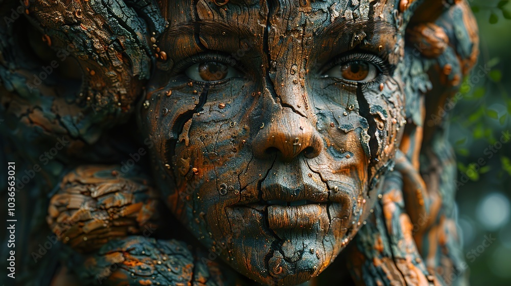 Close-Up Portrait of a Woman's Face Covered in Tree Bark Close-Up Portrait of a Woman's Face Covered in Tree Bark