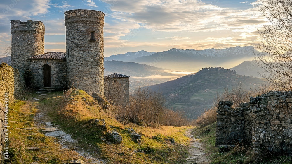A stone castle with two towers stands on a hill overlooking a valley with mountains in the background. The sun is setting and the sky is a beautiful blue and orange. A stone castle with two towers stands on a hill overlooking a valley with mountains in the background. The sun is setting and the sky is a beautiful blue and orange.