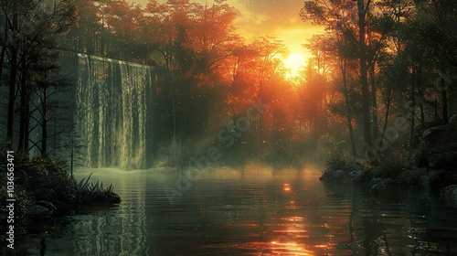 Sunset Over a Tranquil Forest Lake and Waterfall