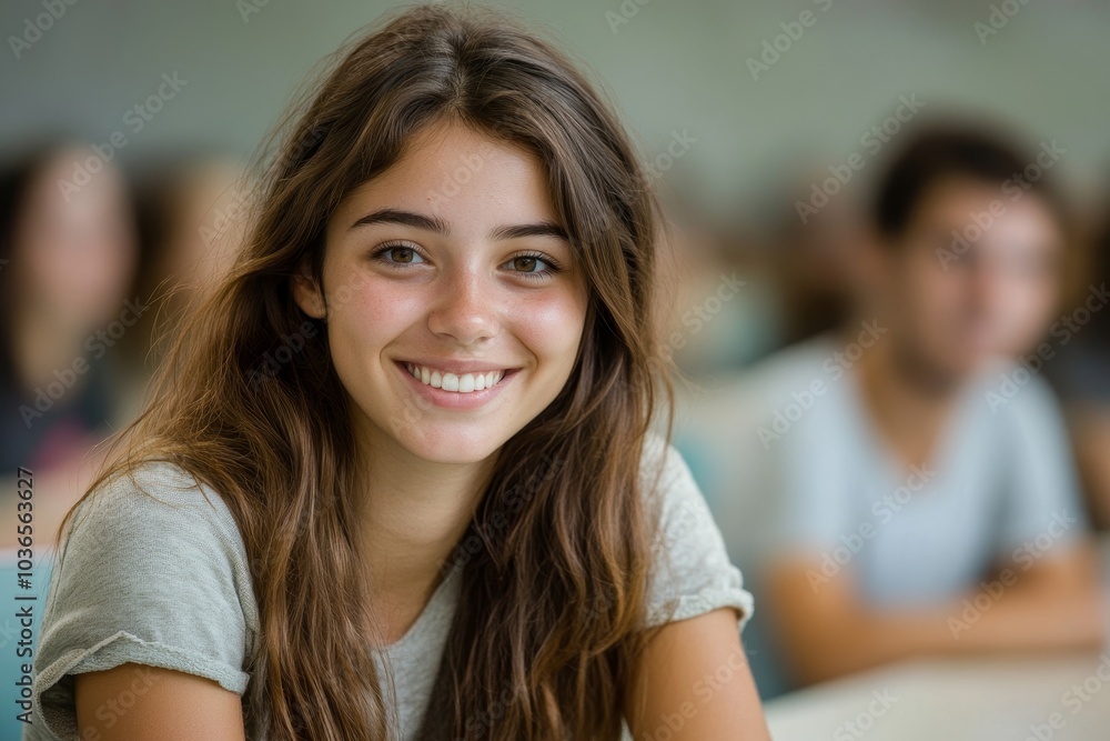 Portrait of a smiling girl sitting in university classroom, Generative AI Portrait of a smiling girl sitting in university classroom, Generative AI
