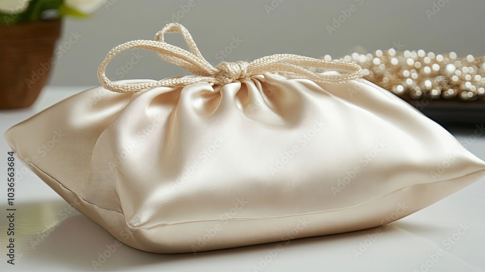 A Soft, Cream-Colored Satin Pouch with a Bow A Soft, Cream-Colored Satin Pouch with a Bow