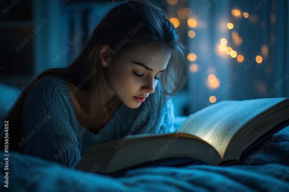 Female reading book on bed at night, Generative AI Female reading book on bed at night, Generative AI
