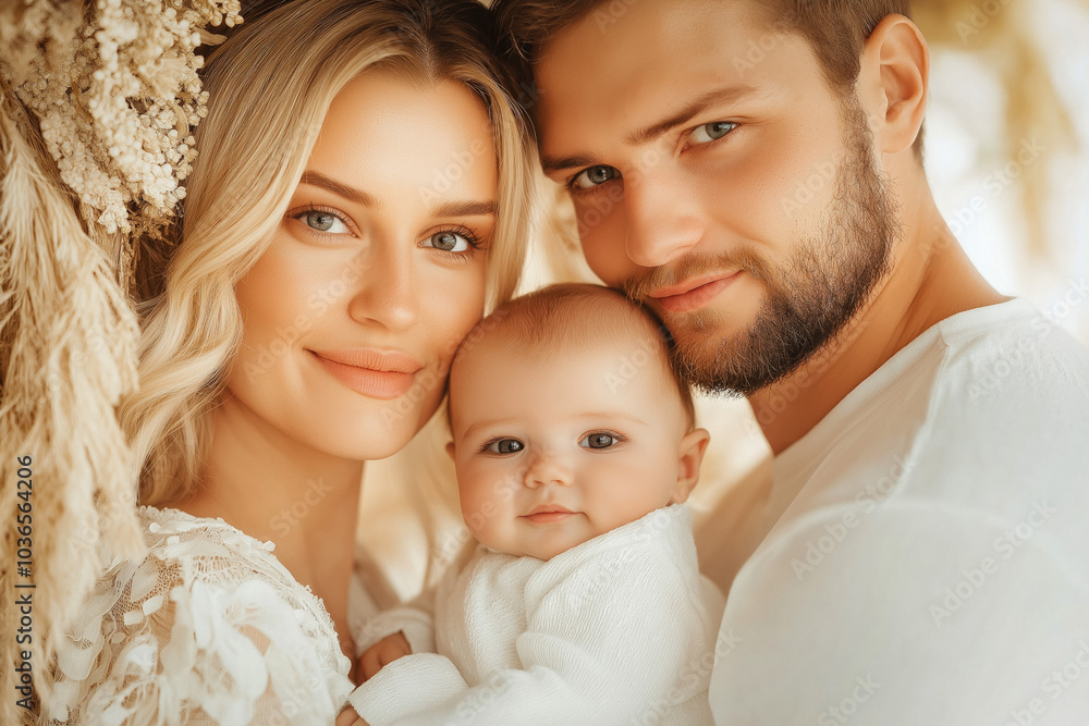 Joyful Family Portrait Featuring Parents Holding Their Newborn Close, Smiling Warmly At The Camera While Sitting In A Sunlit Room Filled With Soft Colors Joyful Family Portrait Featuring Parents Holding Their Newborn Close, Smiling Warmly At The Camera While Sitting In A Sunlit Room Filled With Soft Colors