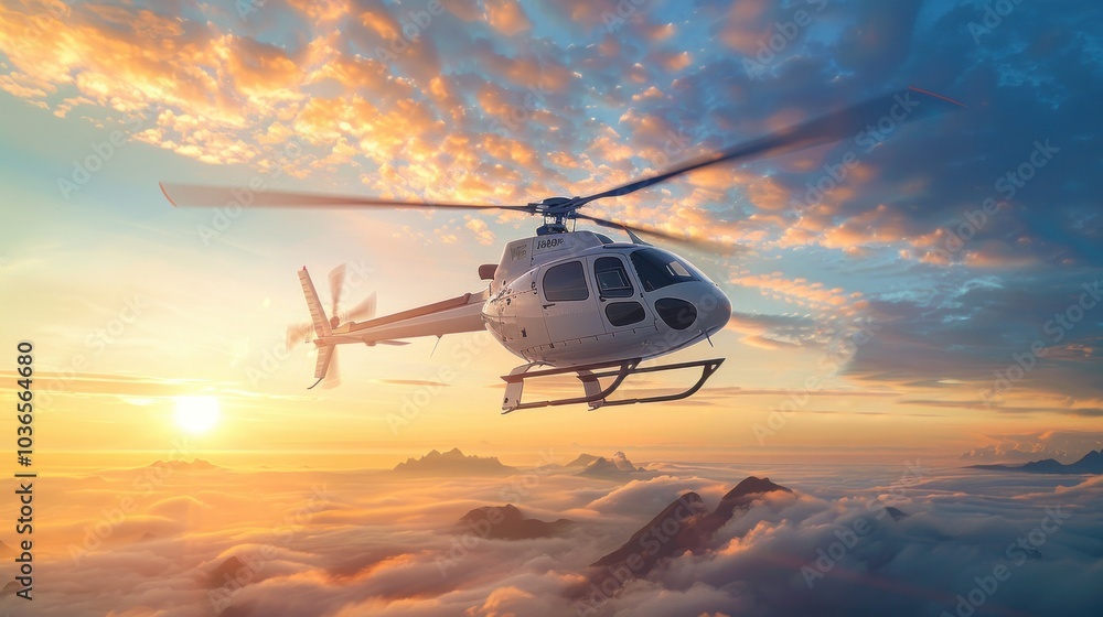 Helicopter Flying Above Clouds at Sunset Helicopter Flying Above Clouds at Sunset