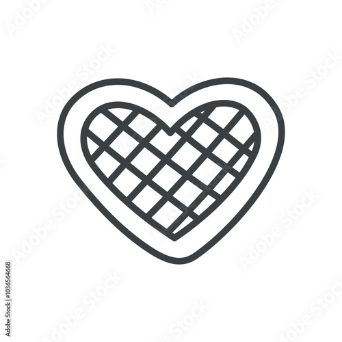 Cute waffle icon. Hand drawn monochrome illustration of a heart-shaped Belgian waffle isolated on a white background. Kawaii St. Valentine day concept. Vector 10 EPS.