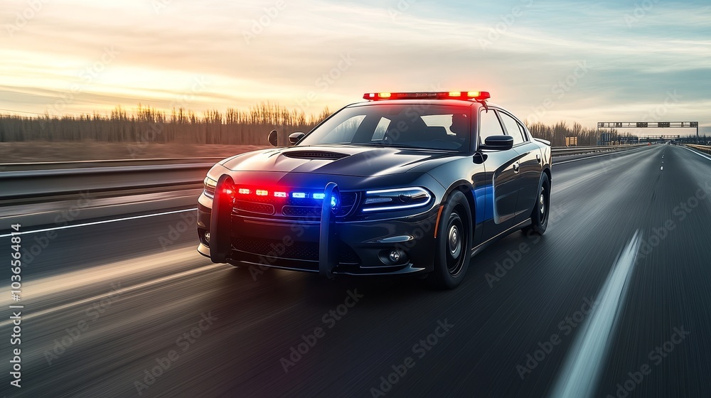 Fototapeta premium A police car with flashing lights speeding down a highway during sunset.