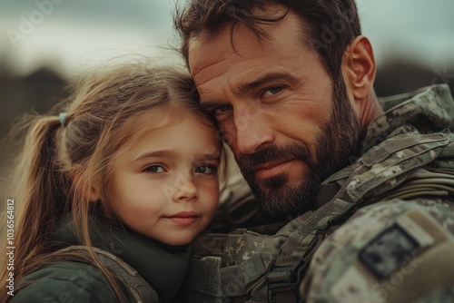 Emotional soldier saying farewell to his daughter, Generative AI