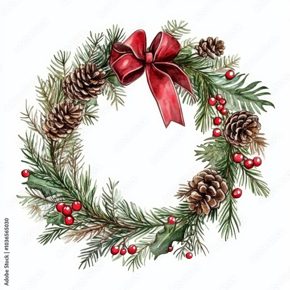 A wreath with red ribbon and pine cones A wreath with red ribbon and pine cones
