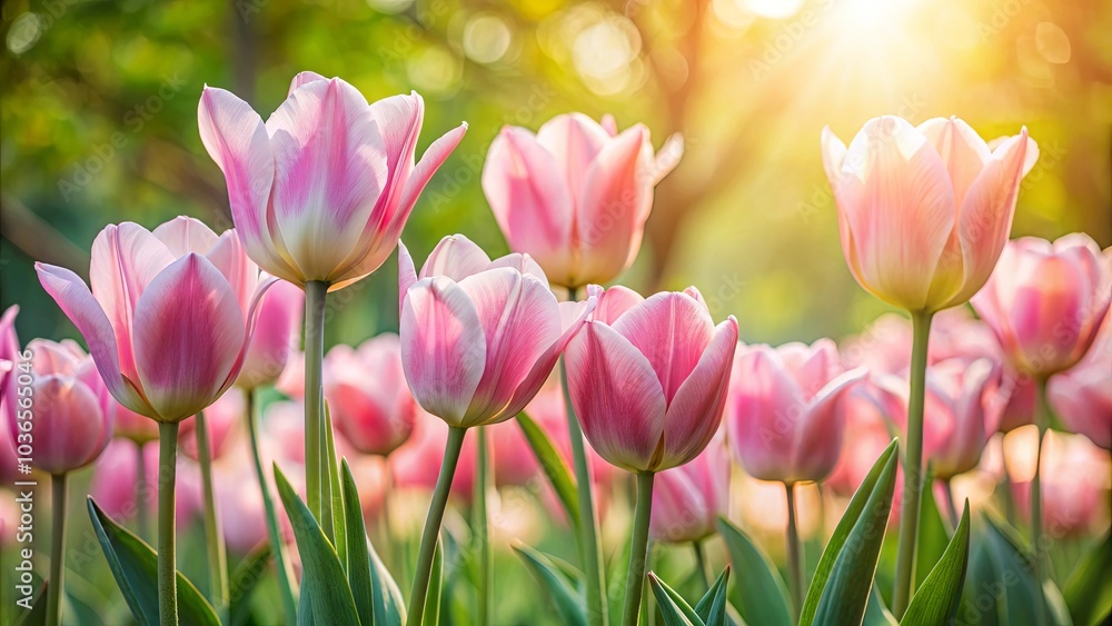 Obraz premium A symphony of delicate pink tulips bathed in the warm glow of the setting sun, their petals unfurling like a chorus of vibrant hues.
