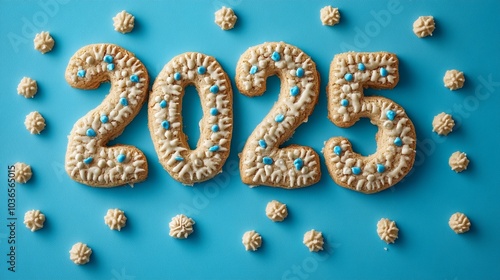 A blue background with a cookie shaped like the number twenty-five