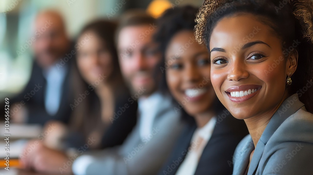 Team of happy business people hearing a presentation in an office meeting, Generative AI Team of happy business people hearing a presentation in an office meeting, Generative AI