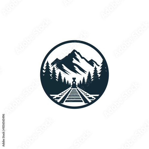 A Rustic Train Railroad with Mountain and Pine Tree Silhouette for Classic Historical of Logging Forest Railway Landscape logo design