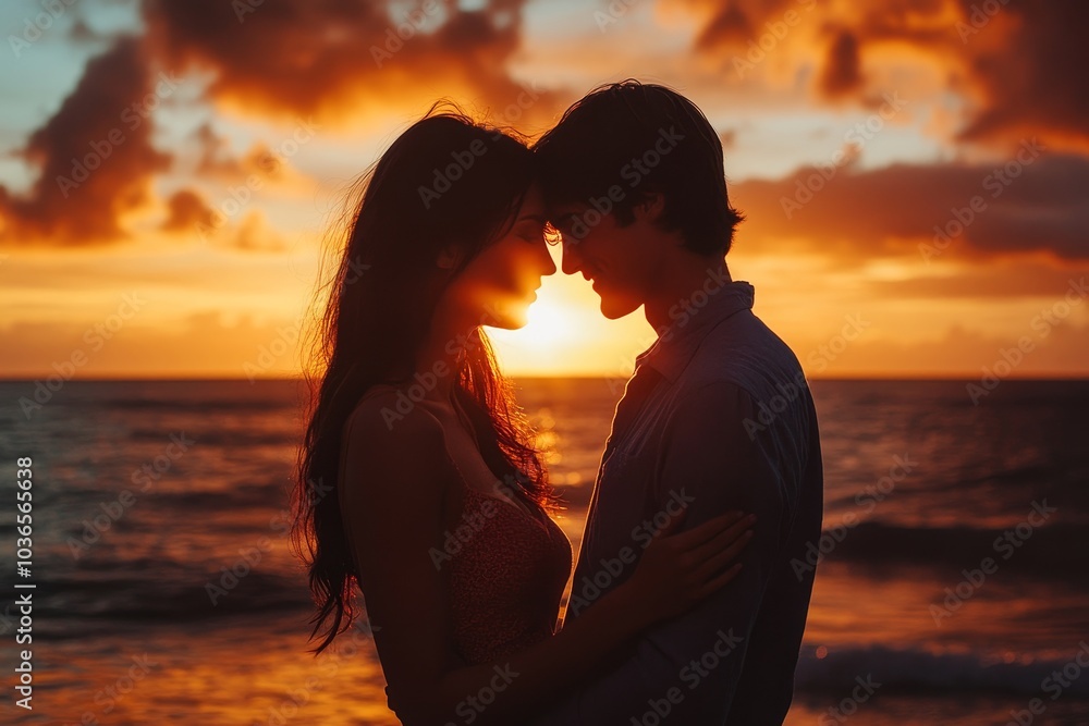 Romantic young couple on beach during sunset, Generative AI Romantic young couple on beach during sunset, Generative AI