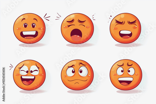 set of six orange emoticons, each with a different expression. The first one is smiling, the second one is frowning, the third one is looking surprised, the fourth one is looking sad photo