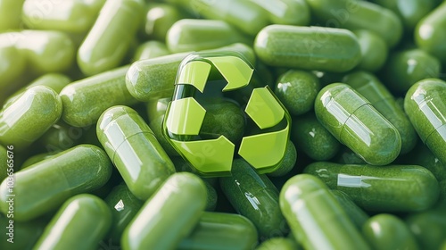 A pile of green pills with a recycling symbol in the middle, suitable for use in environmental or healthcare contexts photo