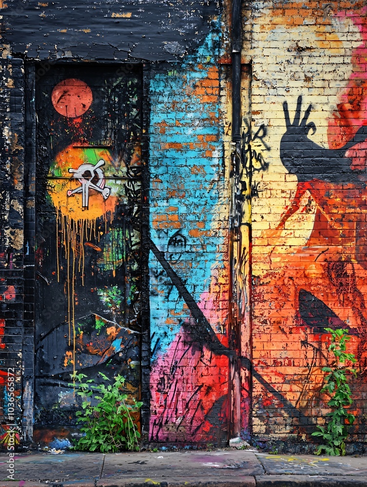 Fototapeta premium A raw cityscape pulsates with striking murals that capture the spirit of defiance and artistic freedom.