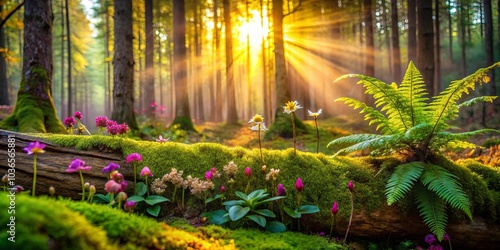 Sunlight Bathes a Forest Floor in a Golden Glow, Illuminating Delicate Flowers and Lush Ferns