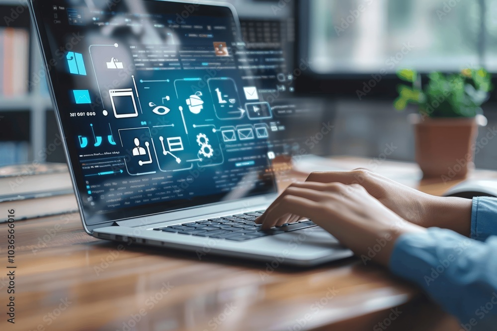 Online Education and Training with AI Modern Learning Technology, Young Woman Using Laptop for Virtual Courses and Knowledge Exchange Online Education and Training with AI Modern Learning Technology, Young Woman Using Laptop for Virtual Courses and Knowledge Exchange