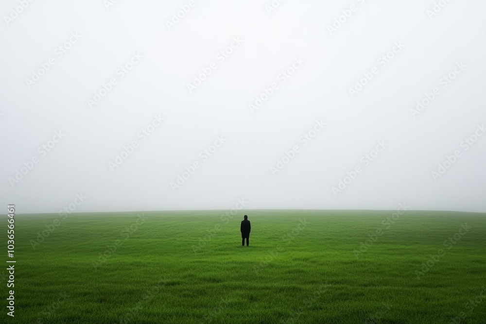 Solitary Figure in Foggy Landscape with Vast Green Field Solitary Figure in Foggy Landscape with Vast Green Field