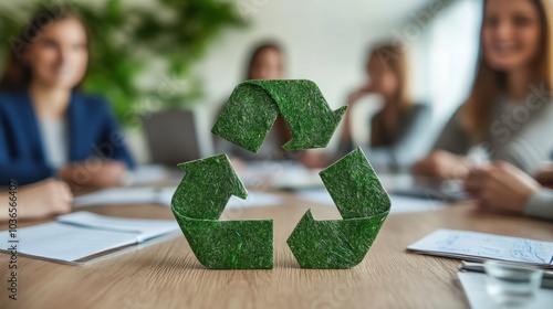A team of professionals strategizing and conversing about a sustainability policy with the recycle reduce reuse symbol in a conference room. A progressive environmentally conscious organization