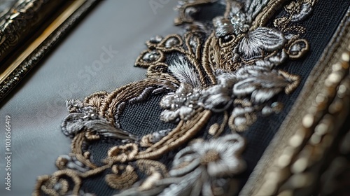 Close-up of Intricate Gold and Silver Embroidery on Black Fabric