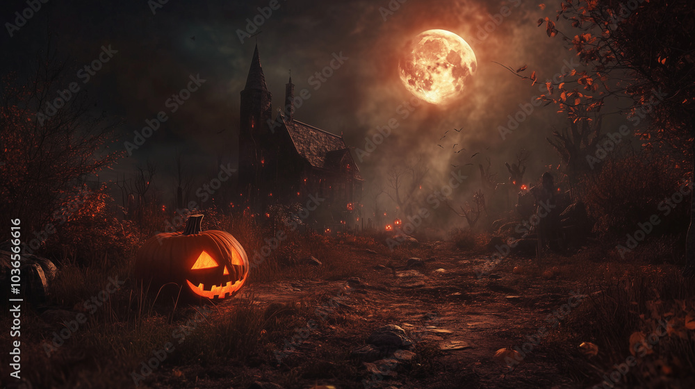 Fototapeta premium Halloween pumpkin in the woods with bloody moon