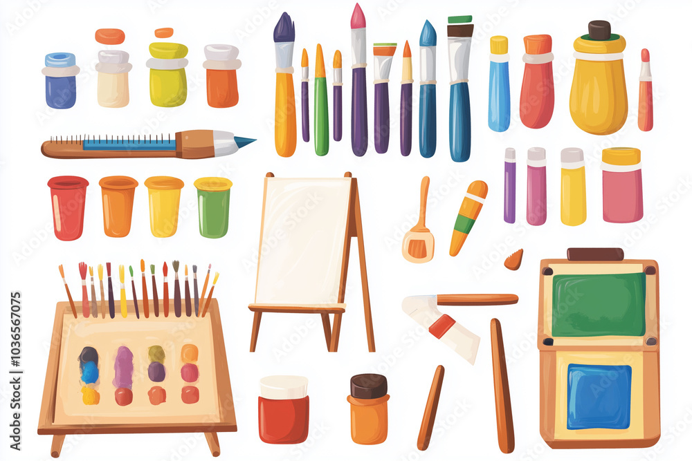 collection of art supplies including paint, brushes, and a canvas. Concept of creativity and inspiration collection of art supplies including paint, brushes, and a canvas. Concept of creativity and inspiration