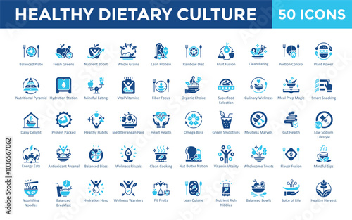 Healthy Dietary Culture icon set with balanced plate, fresh greens, nutrient boost, whole grains, lean protein, rainbow diet, fruit fusion, clean eating, portion control icon. Simple flat vector 
