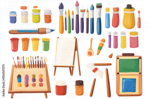 collection of art supplies including paint, brushes, and a canvas. Concept of creativity and inspiration