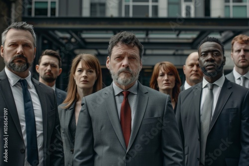 Group of business people standing in a row and looking at camera.