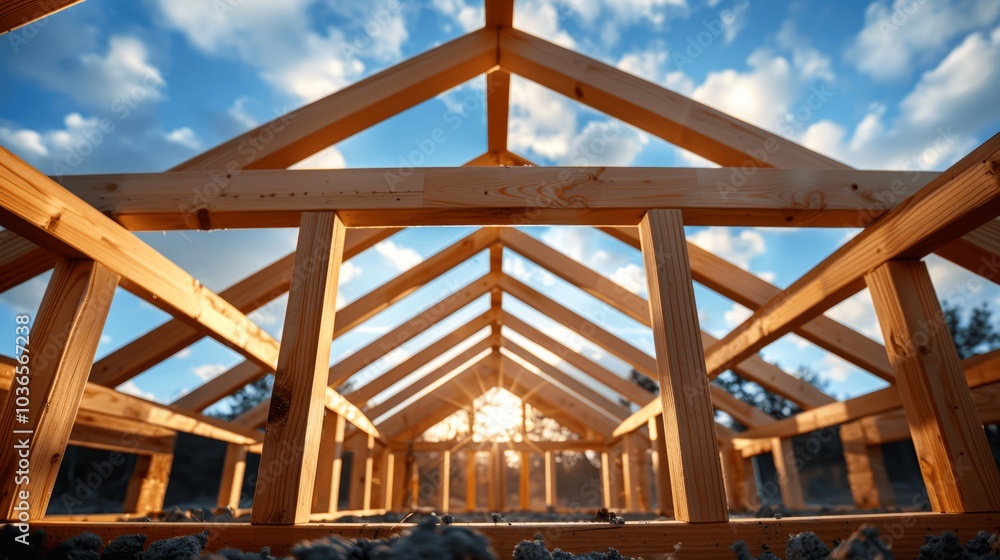New Wooden Frame Structure of House Roof Construction in a Sunny Day New Wooden Frame Structure of House Roof Construction in a Sunny Day