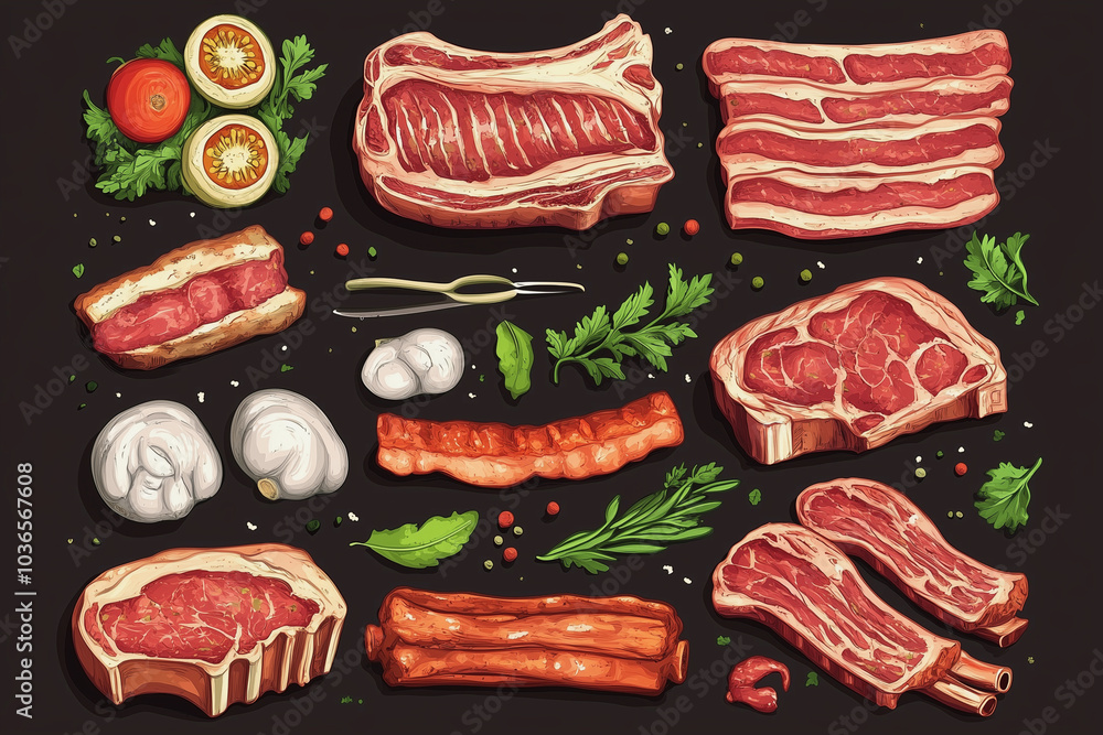 black background with a variety of meats and vegetables. The meats include a rack of ribs, a steak, and a piece of meat with a tomato on top. The vegetables include a bunch of parsley and a lime black background with a variety of meats and vegetables. The meats include a rack of ribs, a steak, and a piece of meat with a tomato on top. The vegetables include a bunch of parsley and a lime