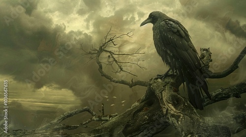 Raven Perched on a Branch in a Misty Sky photo