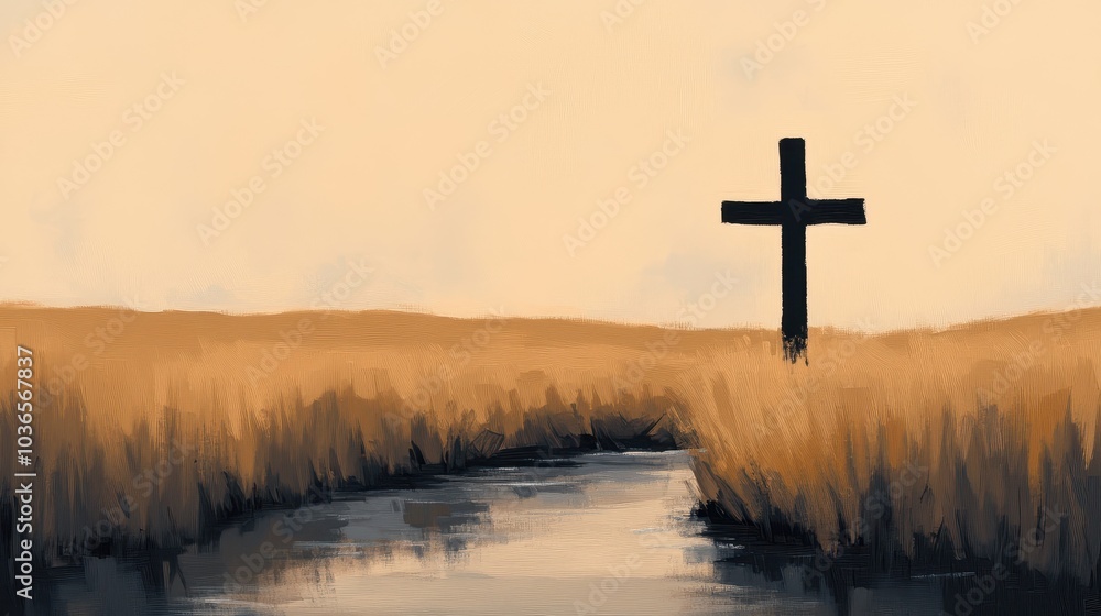 A simple rustic wooden cross stands peacefully beside a gentle flowing brook in a serene forested landscape The clear water reflects the surrounding greenery creating a calm contemplative atmosphere A simple rustic wooden cross stands peacefully beside a gentle flowing brook in a serene forested landscape The clear water reflects the surrounding greenery creating a calm contemplative atmosphere