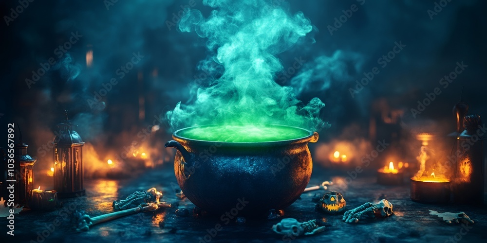 Halloween witch's cauldron with green smoke, props, and spooky atmosphere Halloween witch's cauldron with green smoke, props, and spooky atmosphere