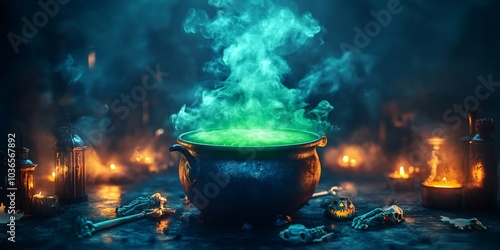 Halloween witch's cauldron with green smoke, props, and spooky atmosphere