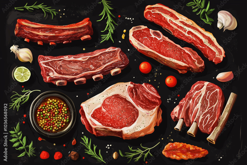 black background with a variety of meats and vegetables. The meats include a rack of ribs, a steak, and a piece of meat with a tomato on top. The vegetables include a bunch of parsley and a lime black background with a variety of meats and vegetables. The meats include a rack of ribs, a steak, and a piece of meat with a tomato on top. The vegetables include a bunch of parsley and a lime