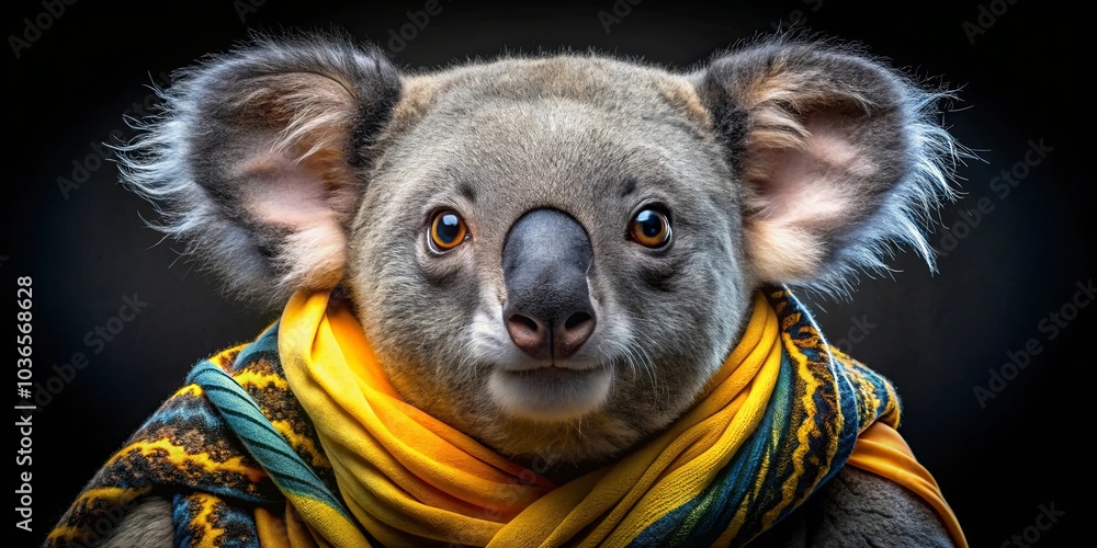 A fluffy koala with large, expressive eyes wears a vibrant yellow and blue scarf, its gaze fixed on the viewer, as if sharing a secret only they know. A fluffy koala with large, expressive eyes wears a vibrant yellow and blue scarf, its gaze fixed on the viewer, as if sharing a secret only they know.
