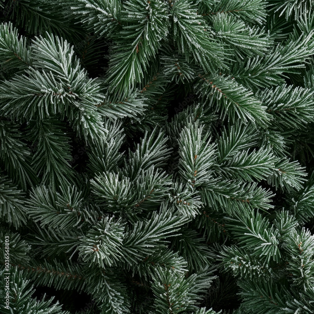 A textured composition of green pine needles and delicate frost, creating a natural and festive atmosphere for holiday-themed designs A textured composition of green pine needles and delicate frost, creating a natural and festive atmosphere for holiday-themed designs