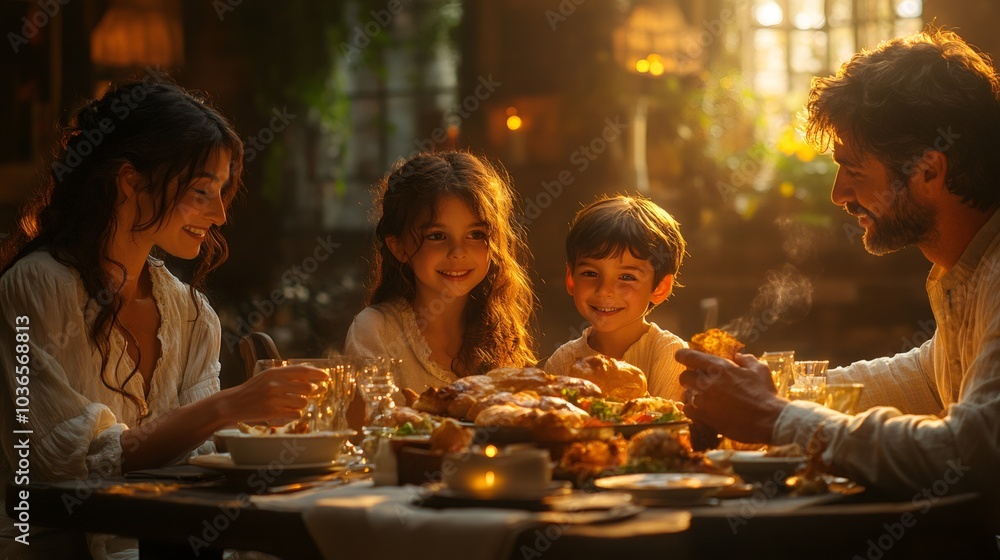 Thanksgiving mealtime, parents and children happily gathered around the dinner table Thanksgiving mealtime, parents and children happily gathered around the dinner table