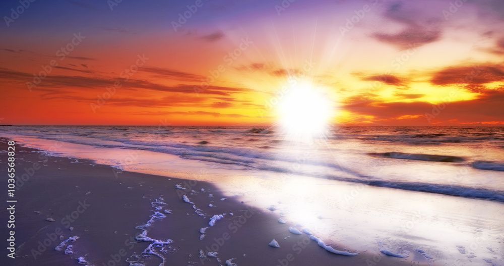 Fototapeta premium Landscape, sunset and dusk with beach and ocean for environment, travel destination and tropical. Summer vacation, water and nature with sea horizon for mediterranean coastline, holiday and paradise