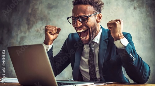 Cheerful Businessman Working with Laptop in Office photo