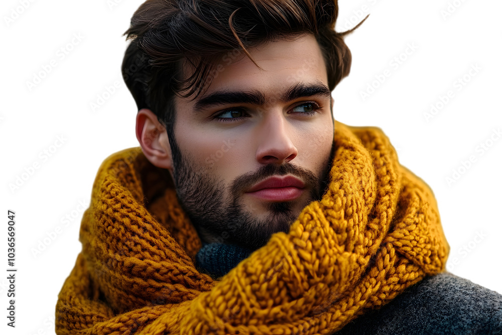 Close-up of a man's face with a textured yellow scarf, exuding warmth and style for the autumn season. Close-up of a man's face with a textured yellow scarf, exuding warmth and style for the autumn season.