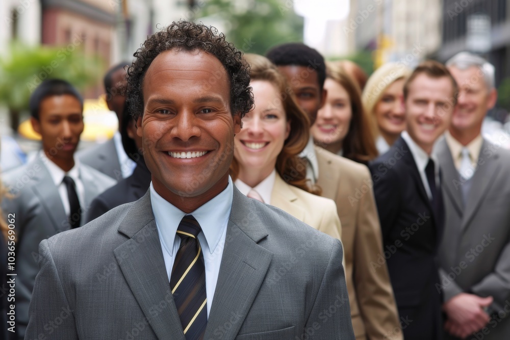 Portrait of a smiling African American businessman standing in front of his team Portrait of a smiling African American businessman standing in front of his team