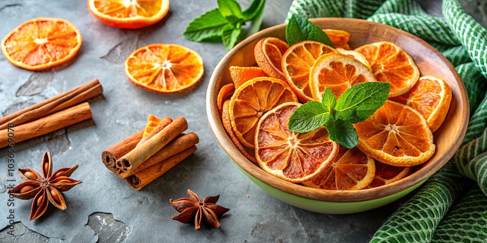 A Bowl of Dried Citrus Slices with Cinnamon Sticks and Star Anise on a Gray Background A Bowl of Dried Citrus Slices with Cinnamon Sticks and Star Anise on a Gray Background