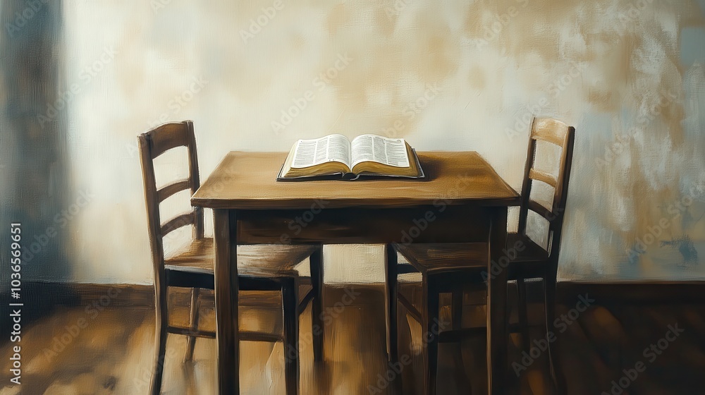 A humble wooden table with two chairs set in a peaceful serene interior with an open Bible positioned at the center encouraging contemplation reflection and spiritual study A humble wooden table with two chairs set in a peaceful serene interior with an open Bible positioned at the center encouraging contemplation reflection and spiritual study