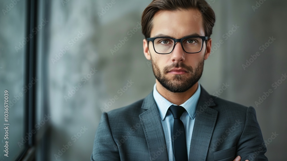 Fototapeta premium Confident Business Professional in Modern Suit with Glasses Standing in Office Environment